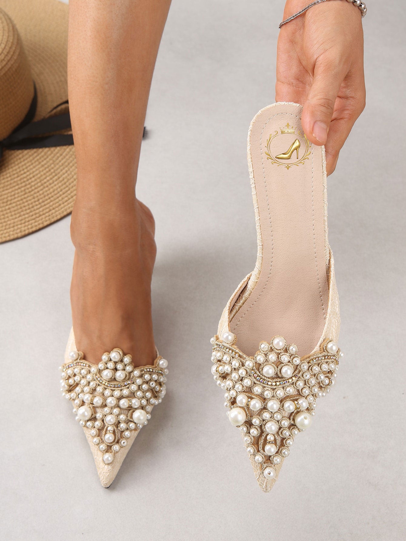 Women Faux Pearl Decor Stiletto Heeled Mules, Fashion Outdoor Pumps, Elegant, Party, Summer Outfits
