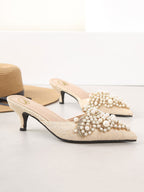 Women Faux Pearl Decor Stiletto Heeled Mules, Fashion Outdoor Pumps, Elegant, Party, Summer Outfits