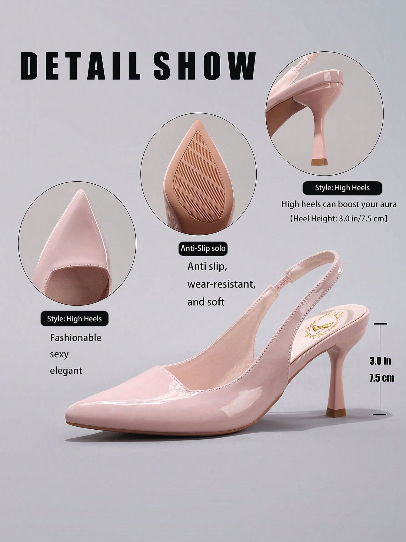 Women's Classic Minimalist High Heels, Patent PU Leather Pointed Toe Back Strap Kitten Heels, Elegant Sexy Party Pumps, Pink, Elegant