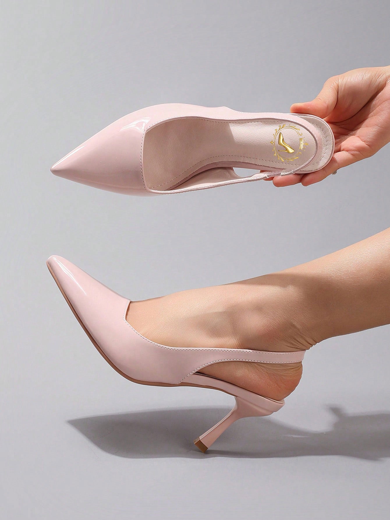 Women's Classic Minimalist High Heels, Patent PU Leather Pointed Toe Back Strap Kitten Heels, Elegant Sexy Party Pumps, Pink, Elegant