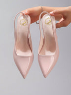 Women's Classic Minimalist High Heels, Patent PU Leather Pointed Toe Back Strap Kitten Heels, Elegant Sexy Party Pumps, Pink, Elegant