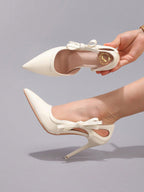 Fashionable Bow-Knot White High Heel Shoes, Sexy Pointed Toe Party Wedding Hollow Out Stiletto Heels, Patent Leather,Elegant