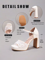 Fashionable Lace Patchwork White High Heel Sandals, Sexy For Ball, Party, Wedding, Platform Square Toe Thick Heel Sandals For Women,Spring Summer Outfits