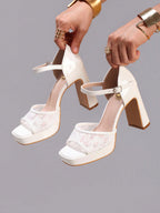 Fashionable Lace Patchwork White High Heel Sandals, Sexy For Ball, Party, Wedding, Platform Square Toe Thick Heel Sandals For Women,Spring Summer Outfits
