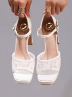 Fashionable Lace Patchwork White High Heel Sandals, Sexy For Ball, Party, Wedding, Platform Square Toe Thick Heel Sandals For Women,Spring Summer Outfits