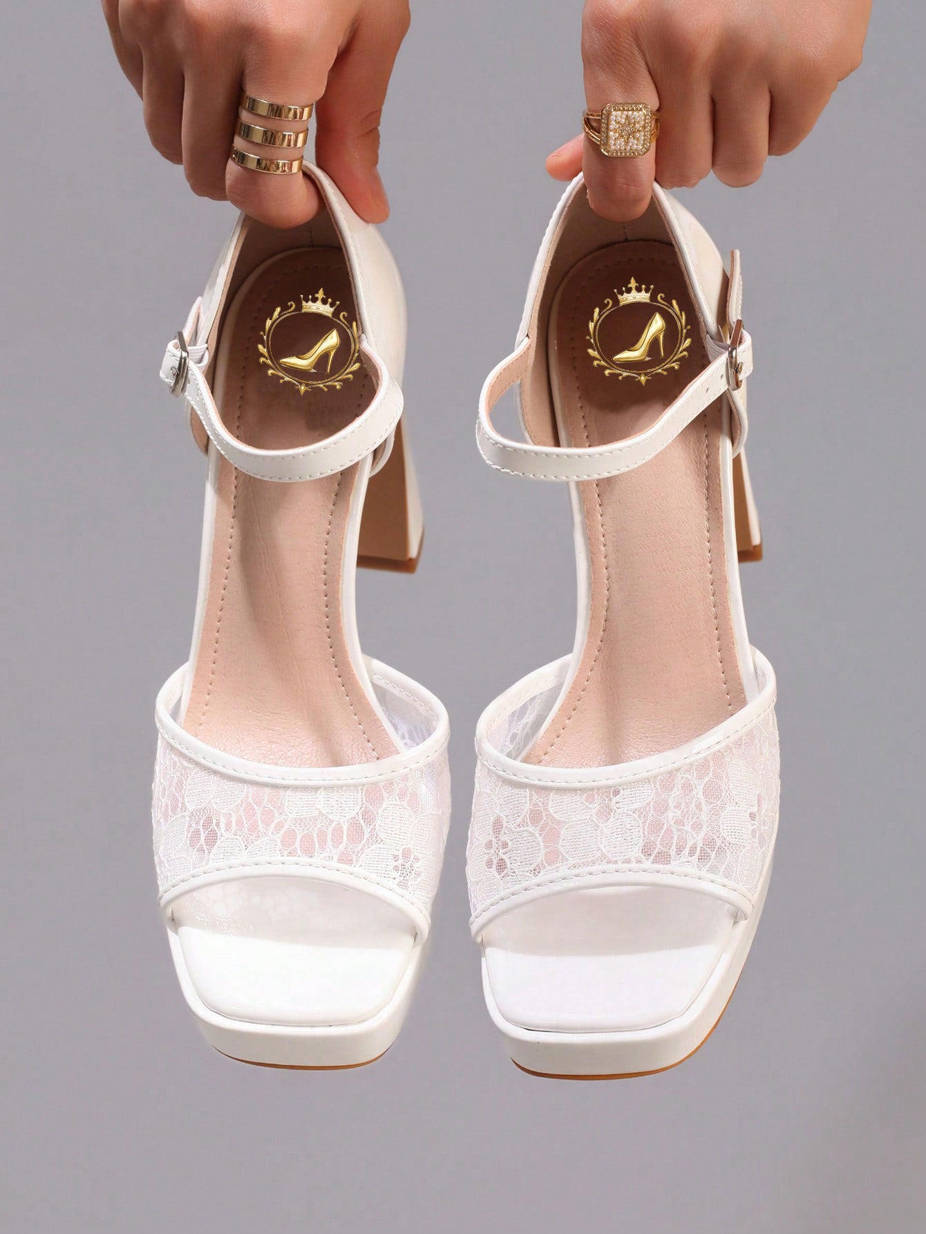 Fashionable Lace Patchwork White High Heel Sandals, Sexy For Ball, Party, Wedding, Platform Square Toe Thick Heel Sandals For Women,Spring Summer Outfits