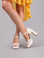 Fashionable Lace Patchwork White High Heel Sandals, Sexy For Ball, Party, Wedding, Platform Square Toe Thick Heel Sandals For Women,Spring Summer Outfits