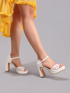 Fashionable Lace Patchwork White High Heel Sandals, Sexy For Ball, Party, Wedding, Platform Square Toe Thick Heel Sandals For Women,Spring Summer Outfits