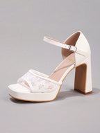 Fashionable Lace Patchwork White High Heel Sandals, Sexy For Ball, Party, Wedding, Platform Square Toe Thick Heel Sandals For Women,Spring Summer Outfits