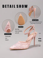 Fashionable Lace Embroidered High Heel Shoes, Sexy Pointed Toe Super High Heel Evening Party Shoes, Thin Heel Black Sandals For Women, Stiletto Heels
