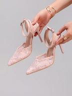 Fashionable Lace Embroidered High Heel Shoes, Sexy Pointed Toe Super High Heel Evening Party Shoes, Thin Heel Black Sandals For Women, Stiletto Heels