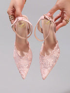 Fashionable Lace Embroidered High Heel Shoes, Sexy Pointed Toe Super High Heel Evening Party Shoes, Thin Heel Black Sandals For Women, Stiletto Heels