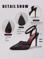 Fashionable Lace Embroidered High Heel Shoes, Sexy Pointed Toe Super High Heel Evening Party Shoes, Thin Heel Black Sandals For Women, Stiletto Heels