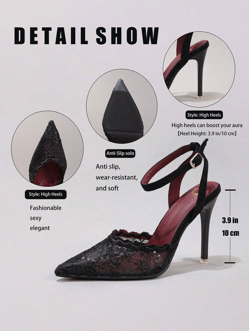 Fashionable Lace Embroidered High Heel Shoes, Sexy Pointed Toe Super High Heel Evening Party Shoes, Thin Heel Black Sandals For Women, Stiletto Heels