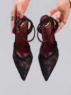 Fashionable Lace Embroidered High Heel Shoes, Sexy Pointed Toe Super High Heel Evening Party Shoes, Thin Heel Black Sandals For Women, Stiletto Heels