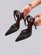 Fashionable Lace Embroidered High Heel Shoes, Sexy Pointed Toe Super High Heel Evening Party Shoes, Thin Heel Black Sandals For Women, Stiletto Heels