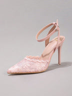 Fashionable Lace Embroidered High Heel Shoes, Sexy Pointed Toe Super High Heel Evening Party Shoes, Thin Heel Black Sandals For Women, Stiletto Heels