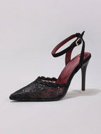 Fashionable Lace Embroidered High Heel Shoes, Sexy Pointed Toe Super High Heel Evening Party Shoes, Thin Heel Black Sandals For Women, Stiletto Heels