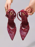 Fashionable Lace Embroidered High Heel Shoes, Sexy Pointed Toe Super High Heel Evening Party Shoes, Thin Heel Black Sandals For Women, Stiletto Heels