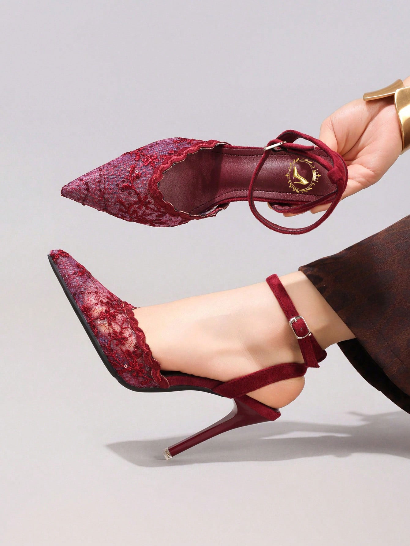 Fashionable Lace Embroidered High Heel Shoes, Sexy Pointed Toe Super High Heel Evening Party Shoes, Thin Heel Black Sandals For Women, Stiletto Heels