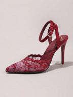Fashionable Lace Embroidered High Heel Shoes, Sexy Pointed Toe Super High Heel Evening Party Shoes, Thin Heel Black Sandals For Women, Stiletto Heels