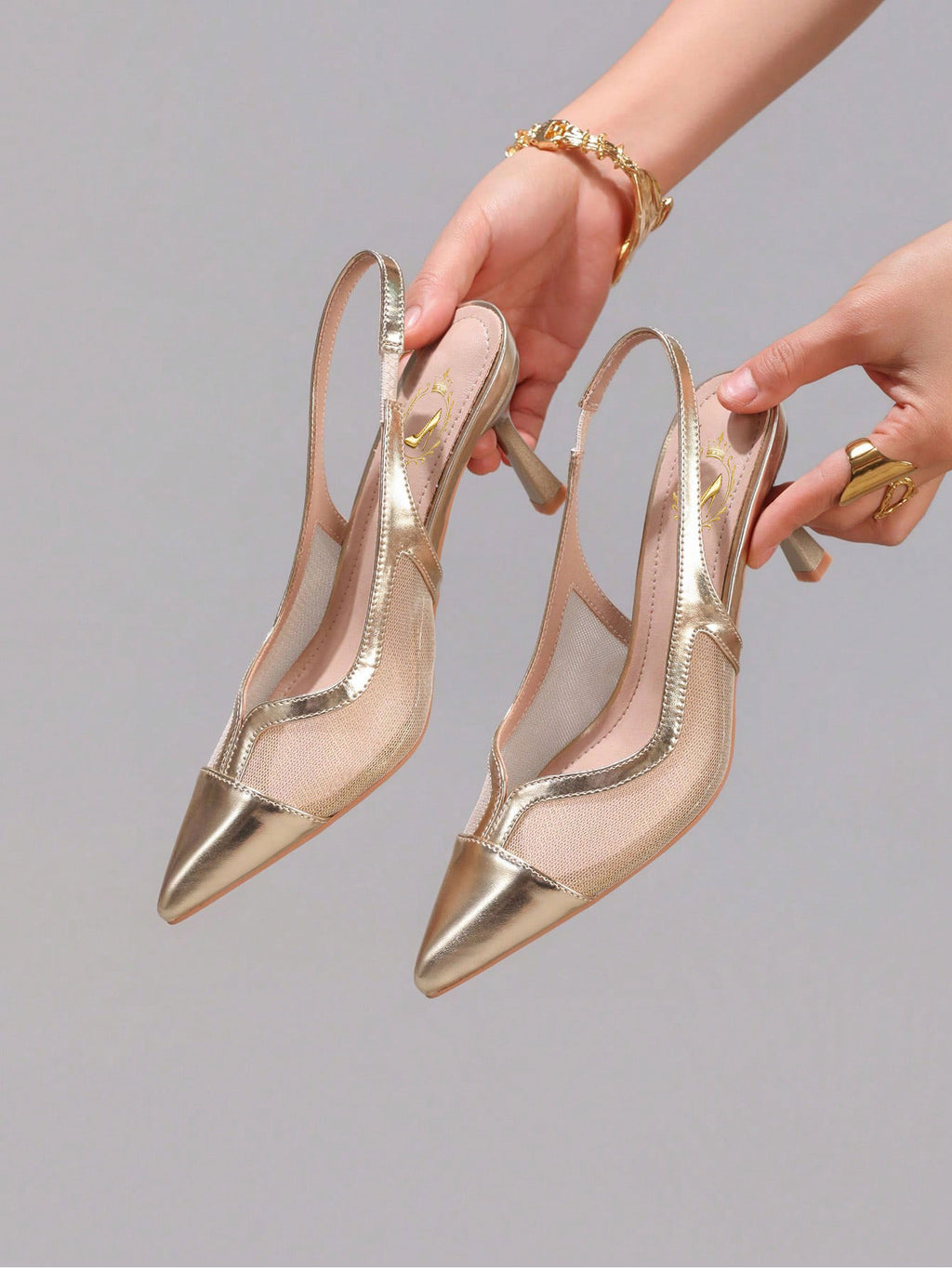 Fashionable Lace Patchwork Champagne High Heel Shoes, Sexy Pointed Toe Party Evening Pumps, Breathable Ankle Strap Sandals For Women, Wedding Outfits