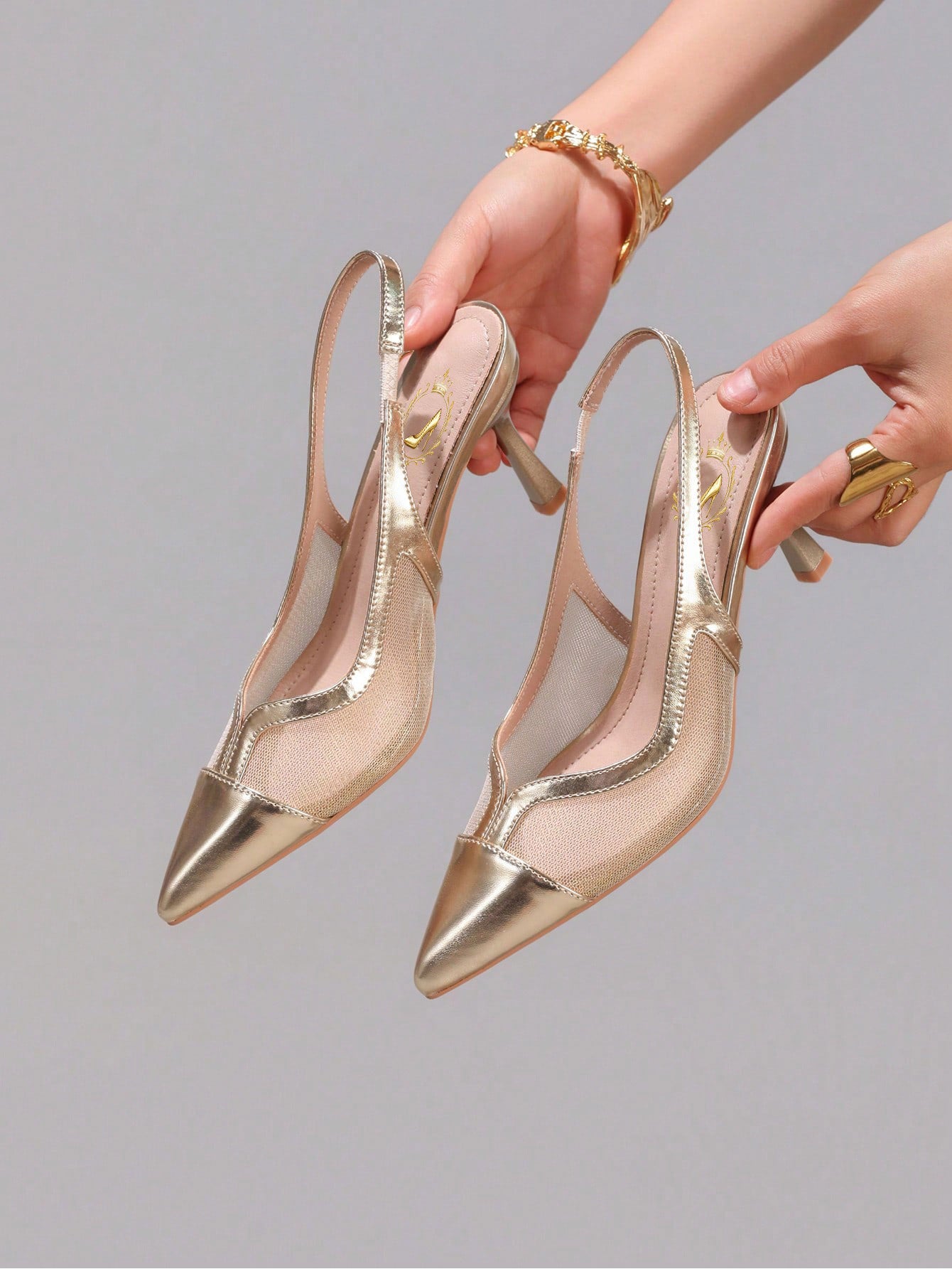 Fashionable Lace Patchwork Champagne High Heel Shoes, Sexy Pointed Toe Party Evening Pumps, Breathable Ankle Strap Sandals For Women, Wedding Outfits