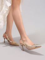 Fashionable Lace Patchwork Champagne High Heel Shoes, Sexy Pointed Toe Party Evening Pumps, Breathable Ankle Strap Sandals For Women, Wedding Outfits