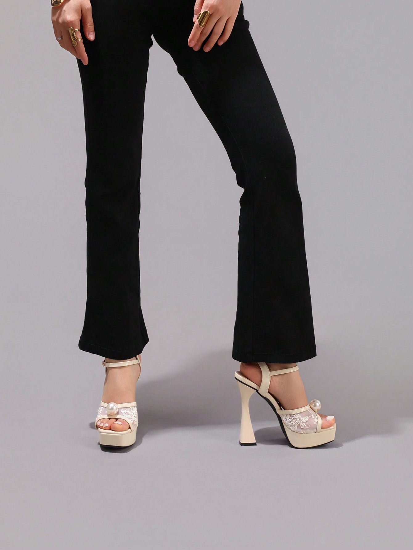 Fashionable Lace Embroidered High Heel Sandals, Faux Pearl Decor Sexy Party Shoes, Open Toe Square Heel Slide Sandals For Women