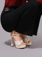 Fashionable Lace Embroidered High Heel Sandals, Faux Pearl Decor Sexy Party Shoes, Open Toe Square Heel Slide Sandals For Women