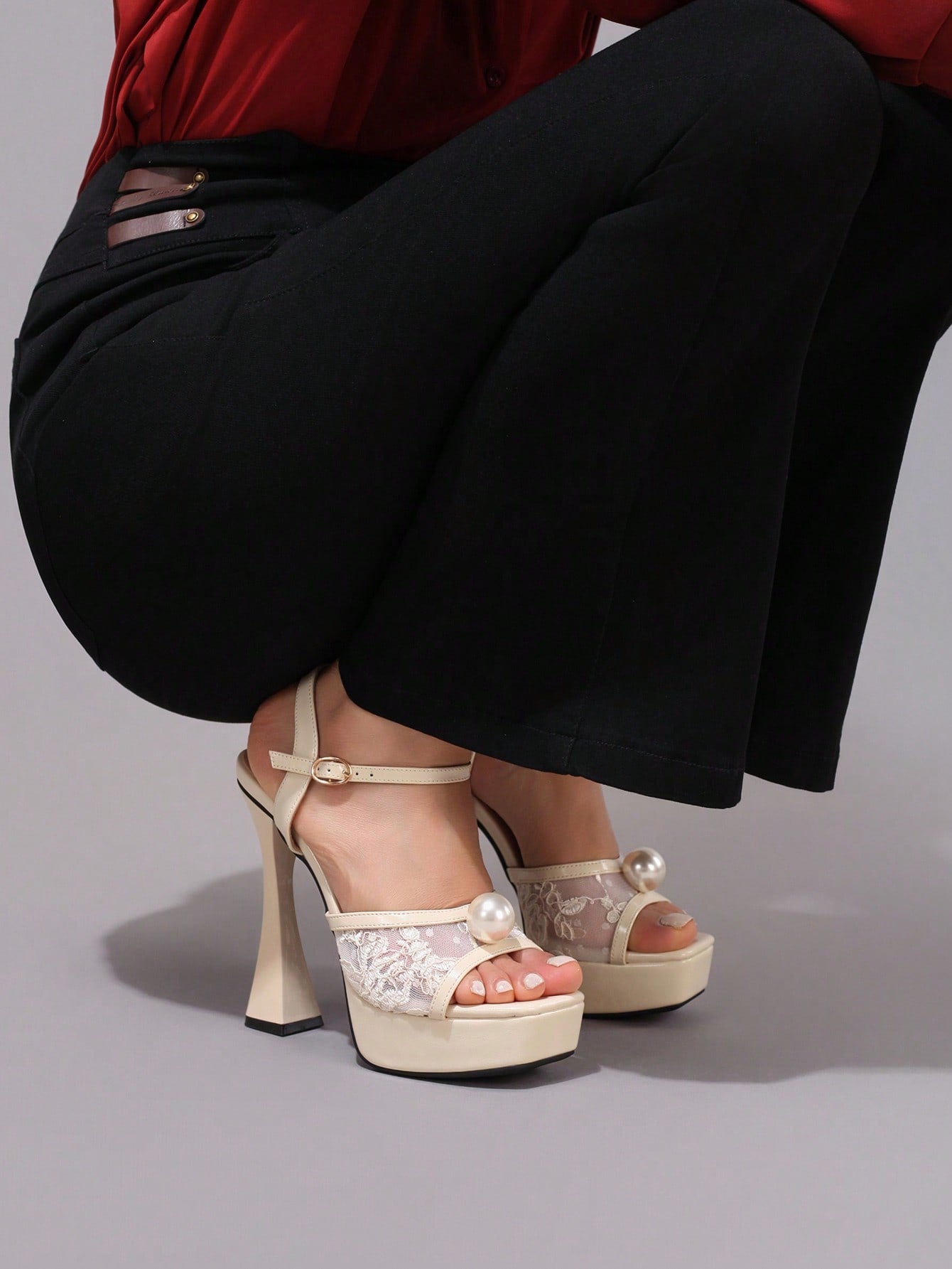 Fashionable Lace Embroidered High Heel Sandals, Faux Pearl Decor Sexy Party Shoes, Open Toe Square Heel Slide Sandals For Women