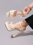 Fashionable Lace Embroidered High Heel Sandals, Faux Pearl Decor Sexy Party Shoes, Open Toe Square Heel Slide Sandals For Women