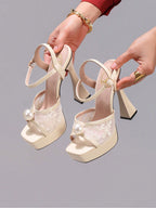 Fashionable Lace Embroidered High Heel Sandals, Faux Pearl Decor Sexy Party Shoes, Open Toe Square Heel Slide Sandals For Women
