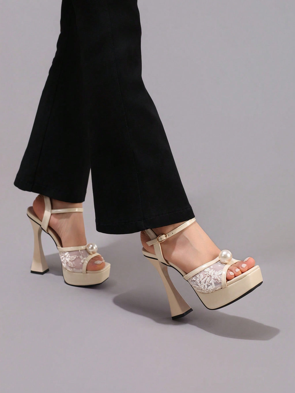 Fashionable Lace Embroidered High Heel Sandals, Faux Pearl Decor Sexy Party Shoes, Open Toe Square Heel Slide Sandals For Women