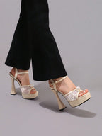 Fashionable Lace Embroidered High Heel Sandals, Faux Pearl Decor Sexy Party Shoes, Open Toe Square Heel Slide Sandals For Women