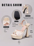Fashionable Lace Embroidered High Heel Sandals, Faux Pearl Decor Sexy Party Shoes, Open Toe Square Heel Slide Sandals For Women