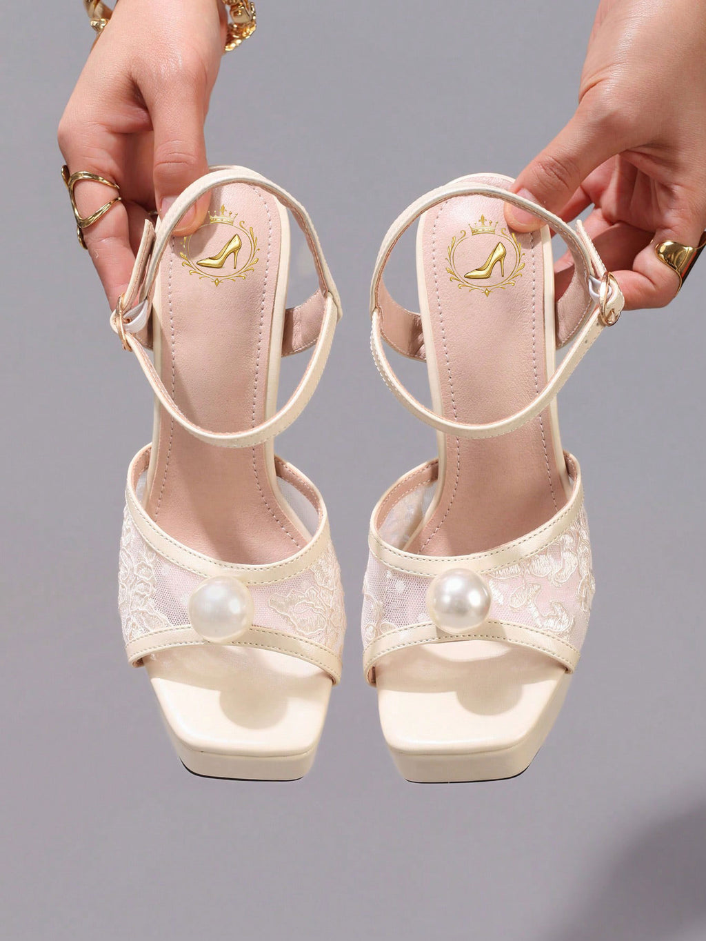 Fashionable Lace Embroidered High Heel Sandals, Faux Pearl Decor Sexy Party Shoes, Open Toe Square Heel Slide Sandals For Women