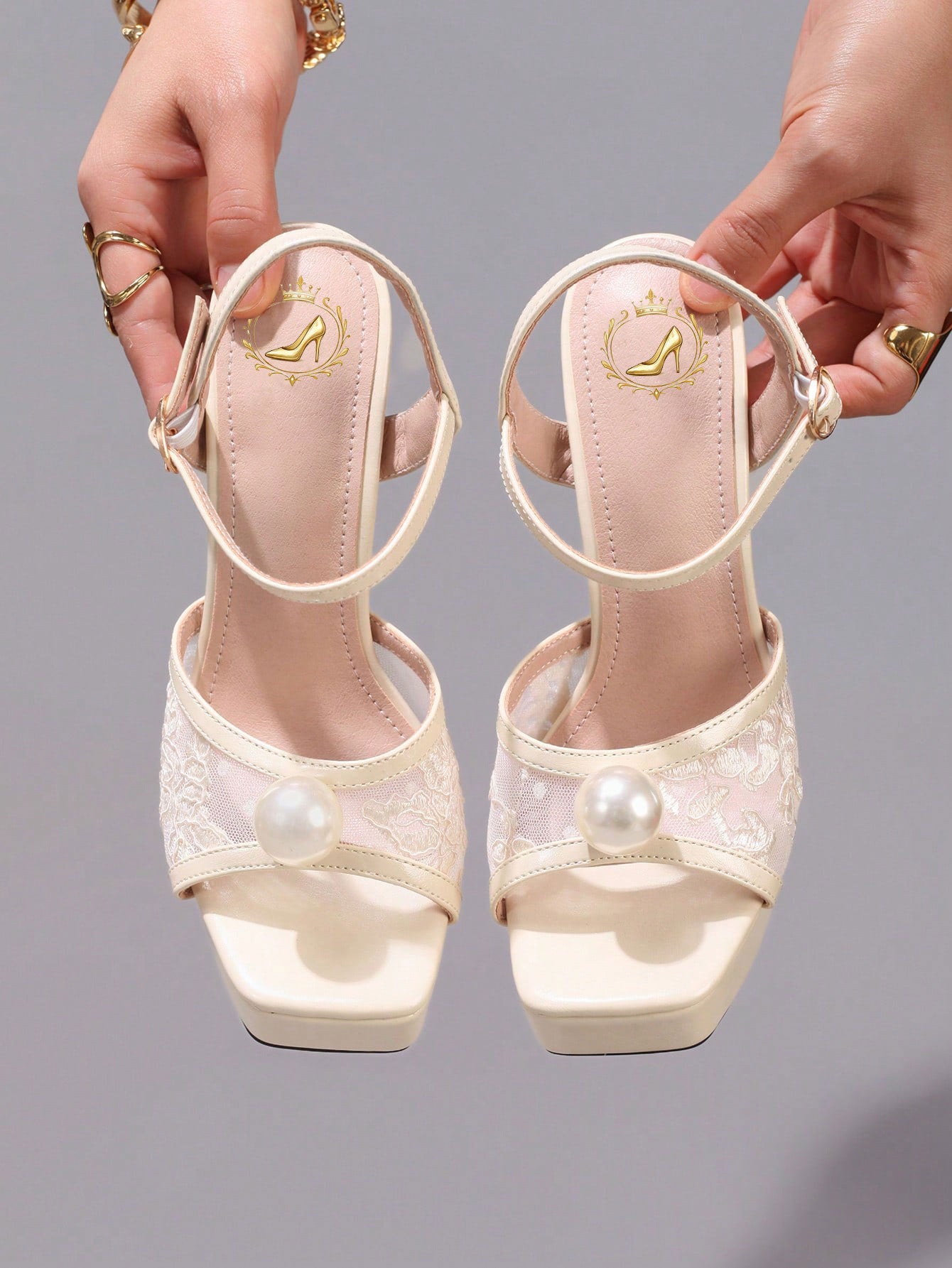 Fashionable Lace Embroidered High Heel Sandals, Faux Pearl Decor Sexy Party Shoes, Open Toe Square Heel Slide Sandals For Women