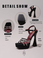 Fashionable Rhinestone High Heel Sandals, Sexy Party Evening Shoes, Open Toe Square Heel Mules, Wine Red High Heels For Women