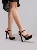Fashionable Rhinestone High Heel Sandals, Sexy Party Evening Shoes, Open Toe Square Heel Mules, Wine Red High Heels For Women