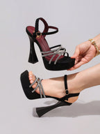 Fashionable Rhinestone High Heel Sandals, Sexy Party Evening Shoes, Open Toe Square Heel Mules, Wine Red High Heels For Women