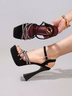 Fashionable Rhinestone High Heel Sandals, Sexy Party Evening Shoes, Open Toe Square Heel Mules, Wine Red High Heels For Women