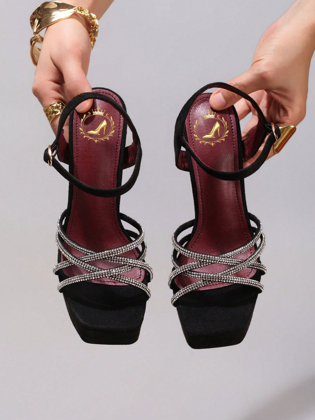 Fashionable Rhinestone High Heel Sandals, Sexy Party Evening Shoes, Open Toe Square Heel Mules, Wine Red High Heels For Women