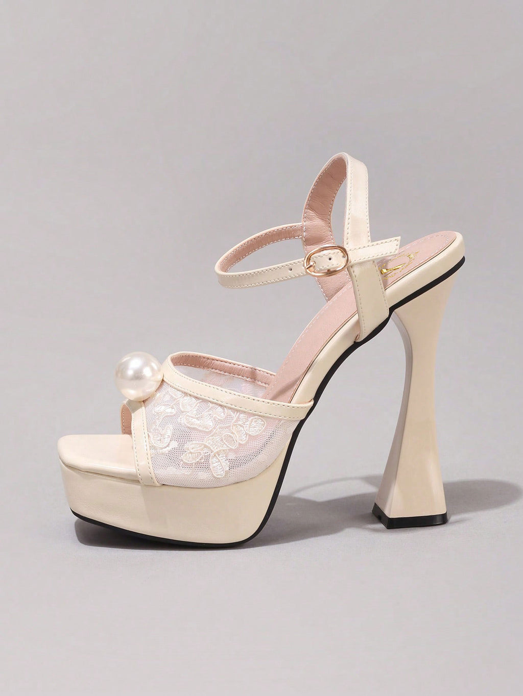Fashionable Lace Embroidered High Heel Sandals, Faux Pearl Decor Sexy Party Shoes, Open Toe Square Heel Slide Sandals For Women