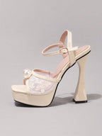 Fashionable Lace Embroidered High Heel Sandals, Faux Pearl Decor Sexy Party Shoes, Open Toe Square Heel Slide Sandals For Women