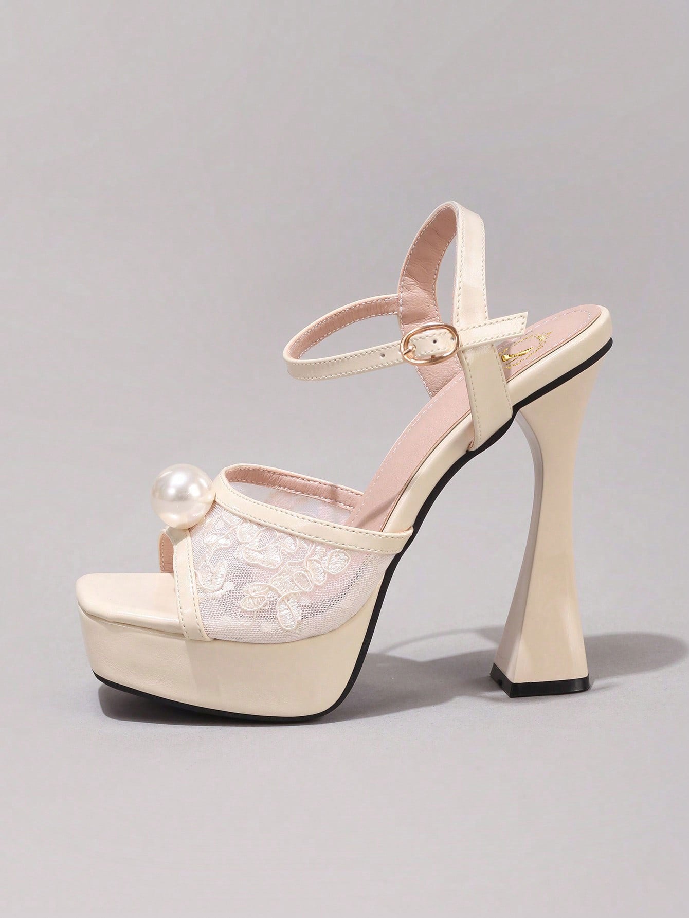 Fashionable Lace Embroidered High Heel Sandals, Faux Pearl Decor Sexy Party Shoes, Open Toe Square Heel Slide Sandals For Women