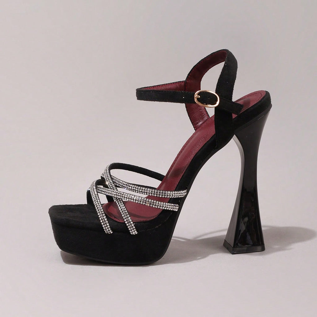 Fashionable Rhinestone High Heel Sandals, Sexy Party Evening Shoes, Open Toe Square Heel Mules, Wine Red High Heels For Women