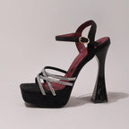 Fashionable Rhinestone High Heel Sandals, Sexy Party Evening Shoes, Open Toe Square Heel Mules, Wine Red High Heels For Women