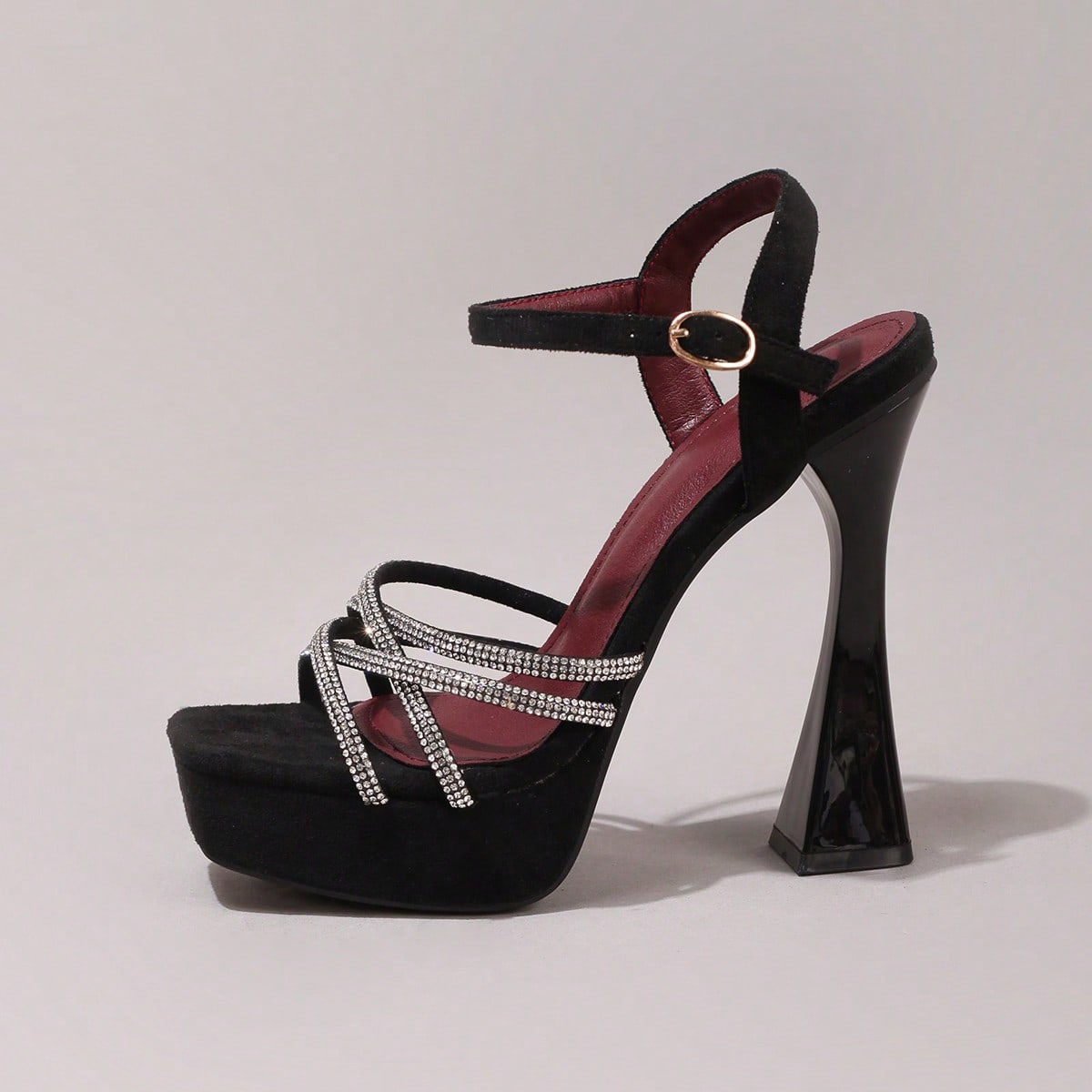 Fashionable Rhinestone High Heel Sandals, Sexy Party Evening Shoes, Open Toe Square Heel Mules, Wine Red High Heels For Women