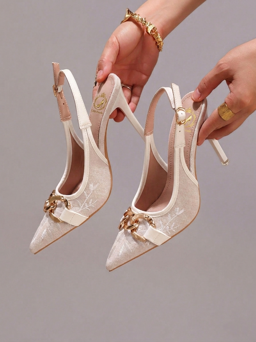 Fashionable Embroidered Chain Decor High Heel Shoes, Sexy Pointed Toe Super High Heels For Ball, Party, Wedding, Elegant White Super High Heels For Women,Mothers Day Gift